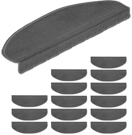 Relaxdays Stufenmatten 15er Set, abgerundete Treppenstufenmatten, 65 x 24 cm, Selbstklebende Treppenteppiche, dunkelgrau