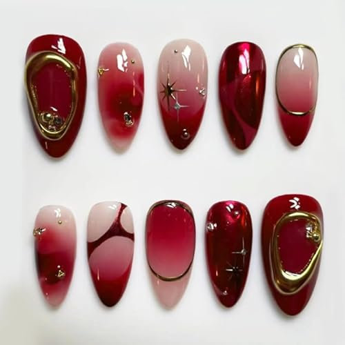 MouyouGlow Press on Nails Kurz,Almond Dunkel Rot Burgundy French 3D Golden Aura Sterne Glossy Fake Nails mit Nagelkleber,Dark Wine Red Striped Künstliche Fingernägel