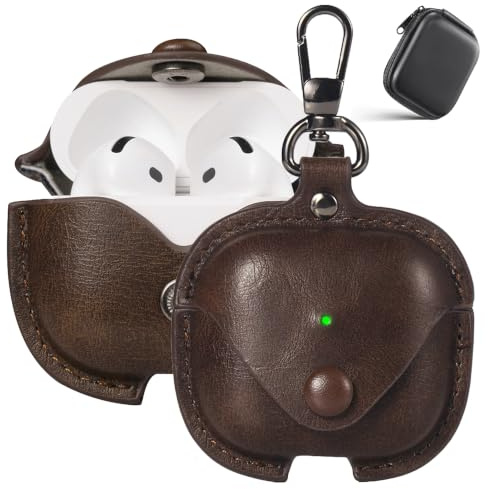 Maxjoy für AirPods 4 Lederhülle mit Schlüsselanhänger, Dunkelbraun | Business-Look, Stoßfeste Schutzhülle, Sicherer Metallverschluss, Drahtloses Laden, Kabelgebundenes Laden