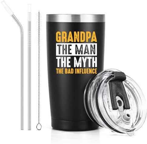 Livole Grandpa Gifts for Fathers Day, Birthday Present for Grandad, Dad, Old Man, The Man The Myth The Bad Influence, Gift for Grandad, Grandpa Glass Mug, 600ml Vacuum Wine Tumbler with Straw and Lid