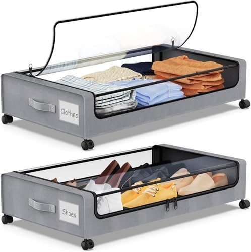 SPEEDEVE 2 Pack Under Bed Storage with Wheels Under Bed Storage Containers with Clear PVC Lid Rolling Organizer Bins for Clothes,Shoes,Toys,Books,Blankets,Grey,2-Pack