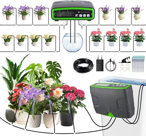 Kit Arrosage Automatique Interieur,GuKKK Arrosage automatique avec 2 pompe à contrôle indépendant avec 15M Tuyau,kit d'arrosage goutte à goutte Arrosage des plantes d'intérieur pour 20 plantes en pot