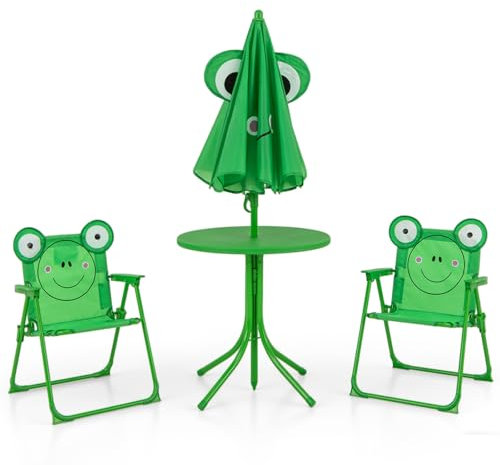 DREAMADE Table Enfant avec 2 Chaises,Table de Pique-Nique Pliable avec Parasol Détachable et Ajustable,Pieds Antidérapants,Ensemble Salon de Jardin Enfant 4 pcs Charge 75 kg (Vert+Grenouille)