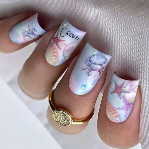 MICFENY Lot de 24 faux ongles à presser en acrylique - Motif 3D - Couverture complète - Bleu