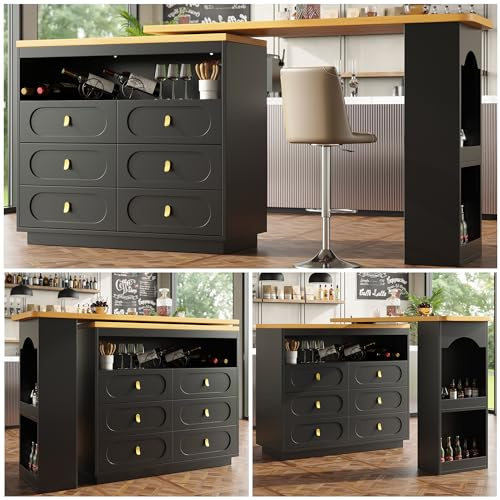 Kebnor Hochwertiger Ausziehbarer Bartisch mit 360° Drehfunktion und Stauraum, Höhenverstellbar von 138-204cm, Moderner Rollbarer Bar Tisch mit Schubladen für Küche, Wohnzimmer, Esszimmer (Schwarz)