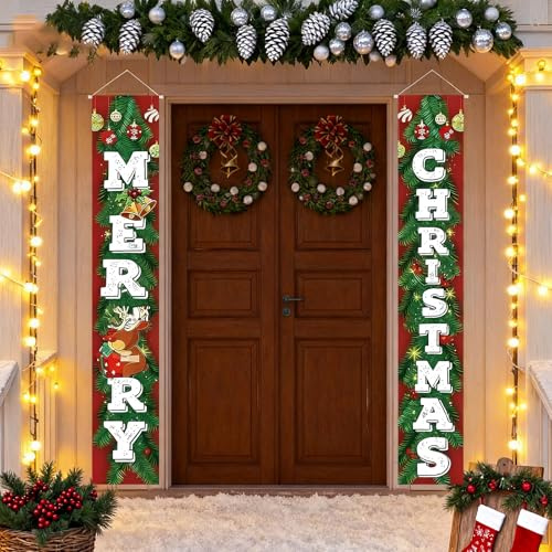 2 Stück Weihnachts Veranda Schild Weihnachtsbanner Merry Christmas Banner, Rot Frohe Weihnachten Banner, Hängend Weihnachten Deko Für Drinnen Draußen Tür Haustür Veranda.