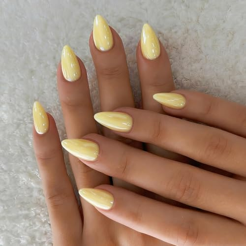 KQueenest Chrome Bright Yellow Press on Nails Short Almond, Glazed Cute False Nails with Sparkle Mirror Design, Shiny Glitter Fake Nails Stiletto, Artificial Nail Press ons for Fingernail 30 Pcs
