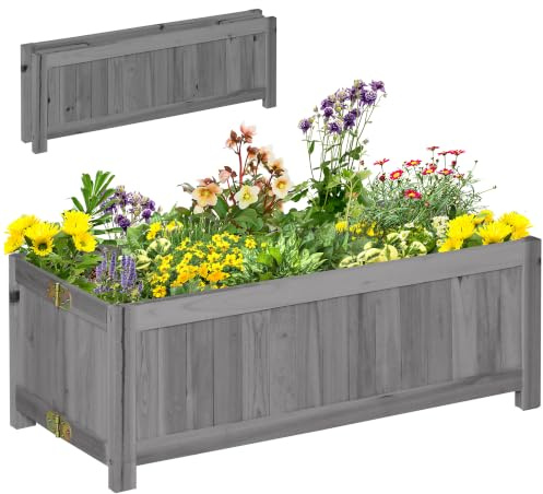Outsunny Jardinière sur Pied Pliable Bac à Fleurs 70x30x25cm Gris | Corps, Aspect Lattes, Bois Sapin Pré-huilé