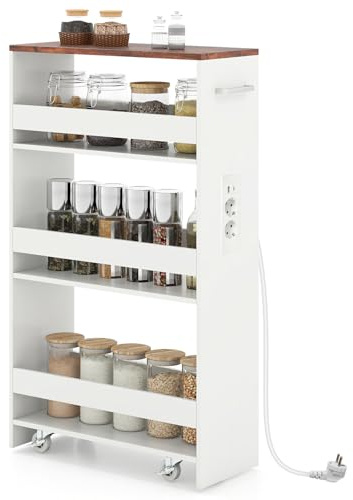 GIANTEX Nischenschrank Küche mit Steckdose, Rollwagen 20 cm breit, Holz | Nischenregal Nischenwagen 20 cm breit, Küchenrollwagen schmal, 4 Universalrollen, Rollregal für Küche und Bad