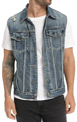 CoXuantion Classics Herren Denim Weste Casual Zerrissen Jeansweste Vintage Jean Vest Ärmellose Cowboy Weste Baumwolle Denim Vest mit Metallknöpfe