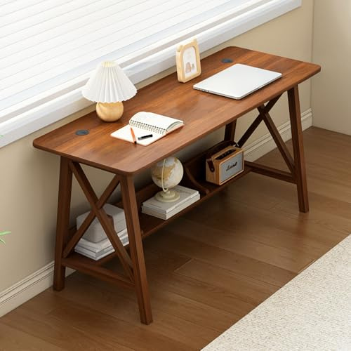NELYE Holz Langer Schreibtisch mit Regal - 120 x 40 cm Stabiler PC-Tisch | Stabile Beinstütze, Einfache Installation, Geeignet für kleine Büros, Ausreichend Platz, mit Stauraum