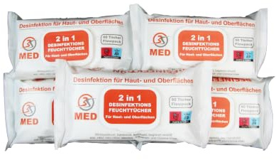 3S MED 2in1 Desinfektions-Feuchttücher für Haut & Oberflächen – 5er Pack (5×60 = 300 Tücher) – alkoholfrei & chlorfrei – 18×20 cm – Einwirkzeit 1 Min.