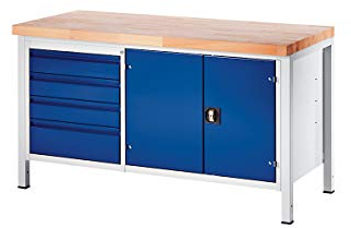 RAU | Werkbank | Gestellbauweise | 4 Schubladen Größe L | 1 Werkzeugschrank | Tiefe 900 mm | Breite 1500 mm