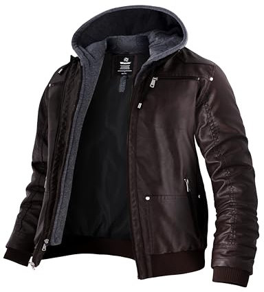 Wantdo Giubbotto in Pelle Giacca Primavera Autunno con Cappuccio Giubbotto in Pelle da Moto Leggero-Marrone S