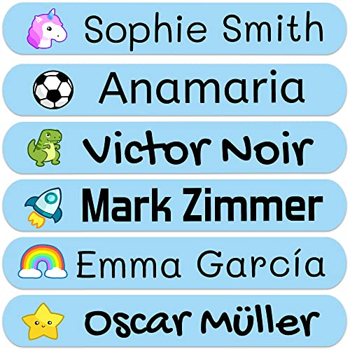 50 Personalisierte Namensaufkleber für Kinder. Klebeetiketten zum Beschriften von Schule, Kindergarten, Büchern, Spielzeug, Tupper. Wasserdichte Etiketten 6x1 cm
