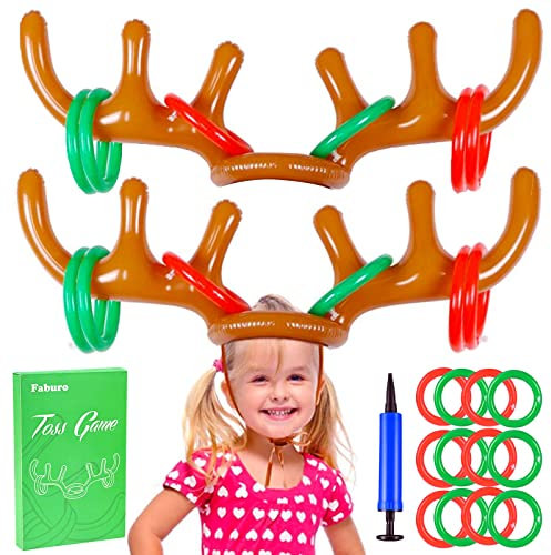 Faburo 12-teiliges Weihnachts-Party-Wurfspiel-Set, aufblasbarer Rentier-Geweih-Hut, Weihnachtsstrumpffüller mit 12 aufblasbaren Ringen, 2 Geweihen, für Kinder und Erwachsene, Heiligabend, Box-Füller,