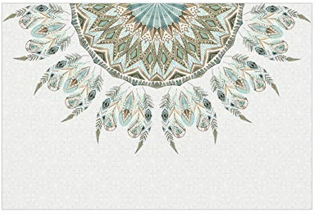 Fototapete - Mandala Aquarell Federn halbkreis blau grün - Breit 225 x 336cm