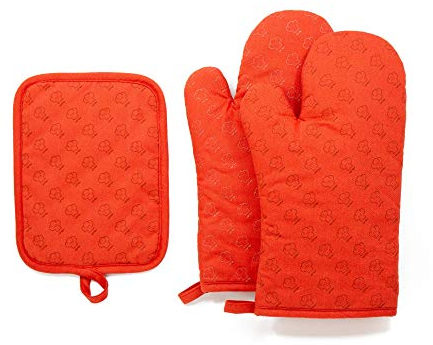 Chef Pomodoro Maniques Cuisine Anti Chaleur, Gants Cuisine 100% Coton Avec Antidérapants en Silicone - Gant Cuisine - Gants Four - Lot de 3 Pièces (Orange)