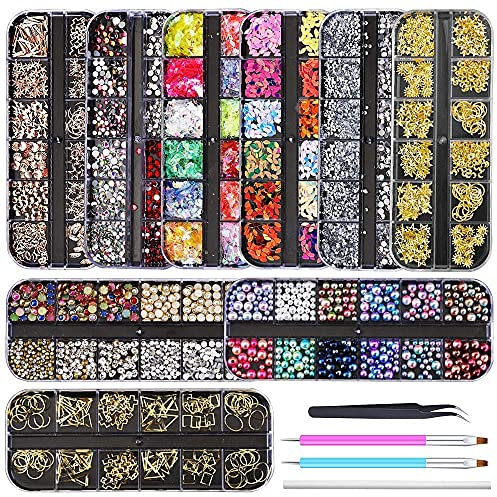 Artdone 9 Boxes Nail Rhinestones, Nail Art Supplies Kit with Tweezers, Rhinestone Picker Dotting Pen