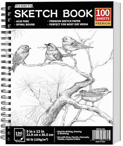 FIXSMITH A4 Sketch Books 1 Pack, Spiral Notebook Cartridge Paper Drawing Pads 100 Sheets White Artist Paper Hard Cover