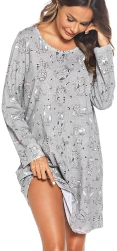 ENJOYNIGHT Camisón de algodón para mujer, manga larga, estampado | Material ligero, cuello redondo, corte holgado en A, vestido de pijama informal