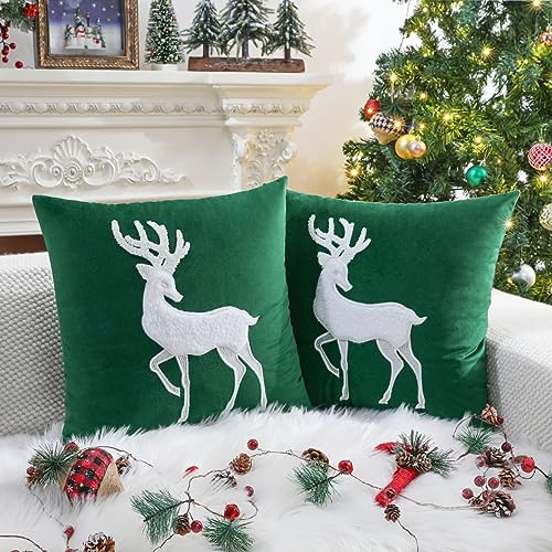 Lewondr Weihnachten Rentier werfen Kissenbezüge, 18 x 18 Zoll Satz von 2 Elch bestickte quadratische Kissenbezug weichen gemütlichen Samt dekorative Kissenbezug für Sofa Couch Bett, Grün
