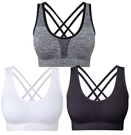 SEGRILA Damen Sport BH Set Ohne Bügel Kreuz Rücken Yoga Bustier Gepolsterter (Schwarz,Weiß,Grau 2XL)