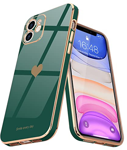 Teageo Kompatibel mit iPhone 11 Hülle, Süße Herz Muster Mädchen Handyhülle Luxuriös Galvanisierte Weich TPU Kameraschutz Kratzfest Stoßfest Schutzhülle Bumper Phone Case für iPhone 11, Dunkelgrün