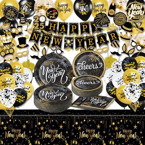 120Stück Silvester Deko 2026, Neujahr deko 2026 Silvester Dekoration Neujahr Party Happy New Year Partygeschirr Geschirr Partyzubehör Set Silvester Party 2026 Neujahr Deko Silvester Tischdeko