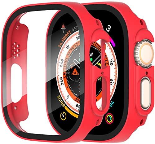 Diruite 2-Stück Hülle für Apple Watch Ultra/Ultra 2 49mm Hartglas Schutzhülle Hard PC Ultradünne Glas Schutz Case Rundum Displayschutz,Rot,49mm