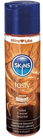 SKINS Gleitmittel mit gesalzenem Karamell-Geschmack, essbar, für Mundgenuss und Geschlechtsverkehr