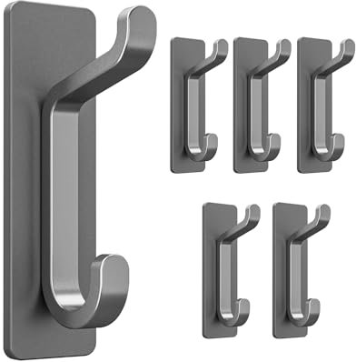 Stick on Hooks for Hanging, Extra Sticky 6KG (Max), Coat Hook on Door for Towel Coat Hat Key, Metal Stainless Heavy Duty, Self Adhesive Hangers Wall Mounted for Bathroom Shower Kitchen, Grey, 6 Pack