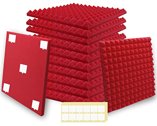 SK Studio 12 Stück Akustikschaumstoff Schallabsorber, Feuerfest Schalldämmung Platten Dämmung Pyramidenschaumstoff für Studio, Podcasts, Aufnahmestudios, Büro, Wanddekoration, 30x30x2,5cm, Rot
