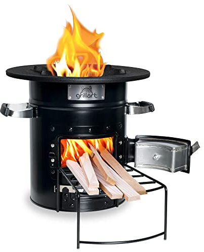 grillart® Raketenofen Outdoor “Powertrain” – effizienter Holzofen als Campingkocher für Dutch Oven und Grillpfannen – besonders effizient bei geringer Rauchentwicklung (Schwarz ohne Tasche)