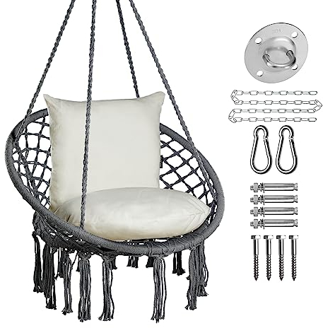 JoyView Macrame Chair Hanging Swing Chair Max 330 Lbs Hammock Chair with 2 Cushions and Hardware Kits Cotton Rope Chair for Indoor Outdoor Bedroom Patio Garden - Dark Grey