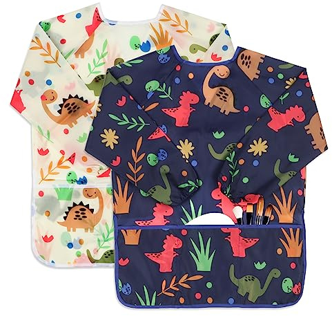 BAHABY Kinder Kunstkittel, Dinosaurier-Malschürzen für Kinder, wasserdicht, mit langen Ärmeln und 3 Taschen, für Kinder von 3–8 Jahren, 2 Stück
