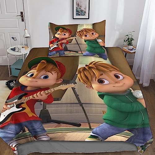 Alvin and The Chipmunks Bettwäsche Set Für Mädchen Jungen Kinder 3D Gedruckte Alvin and The Chipmunks Bettbezüge Mikrofaser Bettbezug Set Lustige Betten Set Dekor Single(135x200cm)