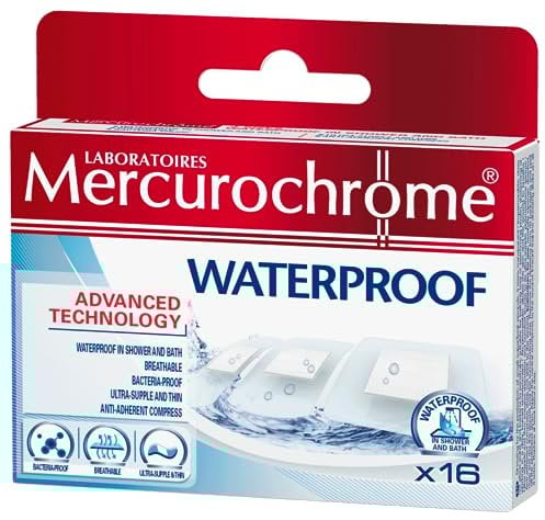 MERCUROCHROME Pansements imperméables - Premiers secours - Pansements de 3 tailles différentes - 16 pansements - Imperméables - Pour le bain (mer, piscine), douche - Transparent