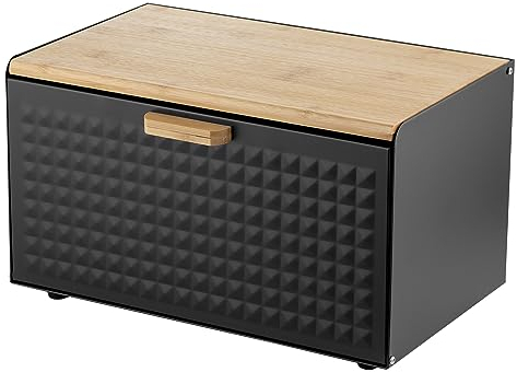 FLORINA Panera CUBE con Juego de 3 Recipientes para Almacenamiento I Caja de Pan de Acero con Tapa de Bambú I Panera Espaciosa y Moderna I 3 Recipientes para Café, Té y Azúcar I Color: Negro