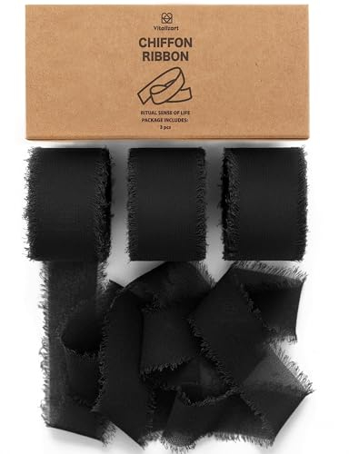 Vitalizart Schwarzes Schleifenband 2,5 cm x 19,2 m, Geschenkband Chiffonband Fransenstoffband, Bänder-Set für Hochzeitseinladung, Brautstrauß, Dekoration, Geschenkverpackung, Schleifenherstellung