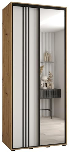 MEBLE KRYSPOL Davos 7 110 Schlafzimmerschrank mit Zwei Schiebetüren - Moderner Aufbewahrungsschrank mit Spiegel, Kleiderstange und Regalen - 235,2x110x60 cm - Artisan Weiß Schwarz