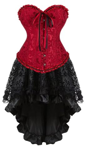 Josamogre Korsett Kleid Damen Corsage Set Bustier Corsets Dress Korsettkleid Blumen Gothic Burlesque Weinrot 3XL