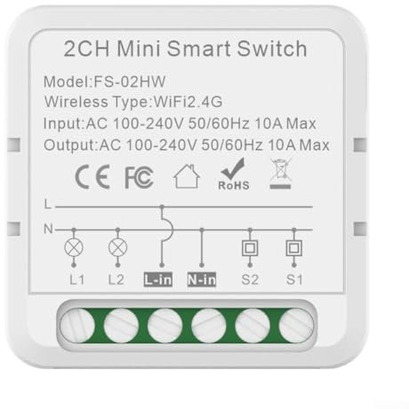 Mini Smart Light Switch DIY Breaker Module, WiFi Smart Relay Switch Controlled by for Smart Life/Tuya App, 1/2/3/4 Gang 100V-240V(WIFI 16A Wifi 2 way)