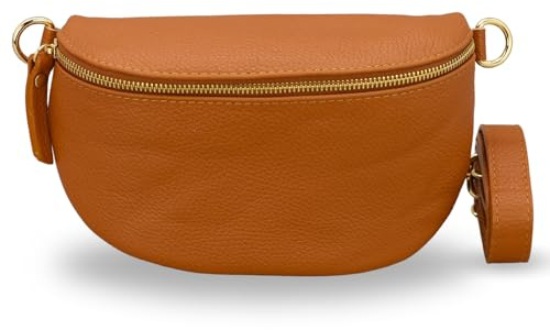 Adel Bags EMMA Gold Bauchtasche Echtleder Handgefertigt Crossbody Bag | Damen Umhängetasche, Echtes Leder, Schultertasche mit Ledergurt & wahlweise gemustertem Riemen, 2 Fächer, Made in Italy
