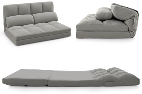 COSTWAY Klappbares Schlafsofa, ausziehbar, mit Rückenlehne, 6 Positionen, faltbare Matratze aus Samt, Sessel mit 2 Kissen, für Wohnzimmer, Schlafzimmer (hellgrau), HV10561FR