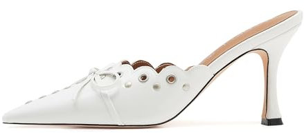 ATBELL Pantoletten mit Fliege und Absatz für Damen, spitze Nieten, Kätzchen-Absätze, Kleid, Pumps, rückenfrei, Stilettos, Weißes Pu, 40.5 EU