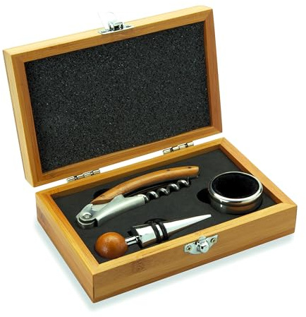 Set di 3 pezzi da vino con coltello da cameriere, tappo per bottiglie e collo di vino, anello antigoccia, in confezione regalo in legno