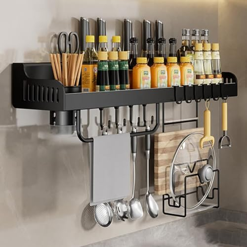 Gewürzregal Wand, Gewürzregal Hängend ohne Bohren, Küchenregal Organizer für Gewürze, Küchenregal Wand mit Messerschlitz, 6 Haken, Becher, Messerhalter, Topfdeckelhalter, Schwarz, 40cm