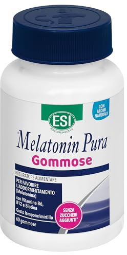 ESI - Melatonin Pura Gommose a base di Melatonina, Vitamina B5, B6 e B12 e Ashwagandha, Facilita l'Addormentamento e Allevia il Jet-Lag, Senza Glutine e Vegan, 60 Caramelle