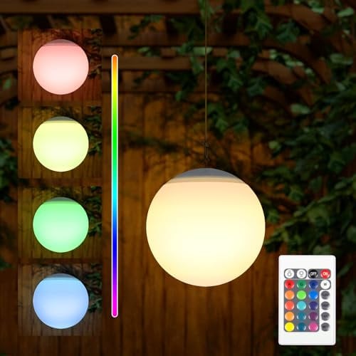 RWWR Solar Kugeln für Außen Solar LED Akku Hängelampe Pendellampe Tragbarer Pendelleuchte Wasserdichte Pendelleuchte für draußen Geeignet für Terrasse Balkon Dachterrasse (Ø 20 cm, Mit Lichtsensor)
